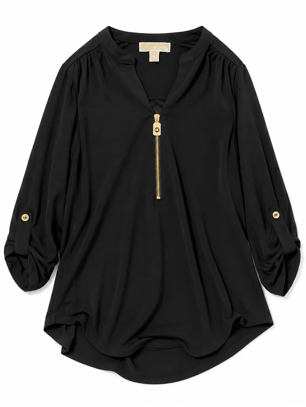 Michael Kors Black V-Neck Zip Pullover Tunic with Gold Hardware size small